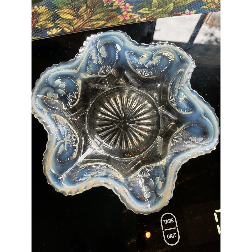 Antique 6" Dugan Glass Clear‎ White Opalescent Jeweled Heart Berry Bowl